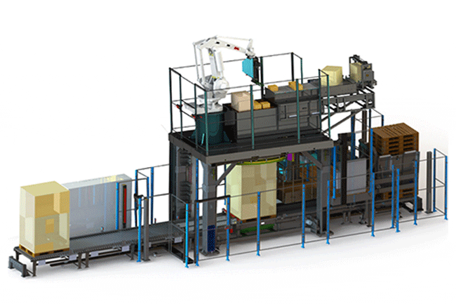 a 3D drawing of the robotic mixed palletizer with arrows showing the products infeed, and the movement of the pallet