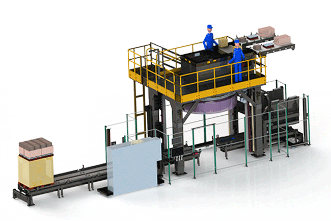 a 3D drawing of the semi-automatic mixed palletizer with arrows showing the products infeed, and the movement of the pallet